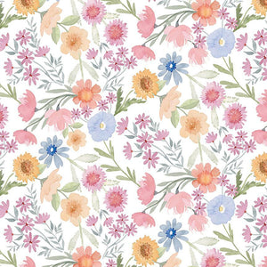 A watercolour floral print of pink, coral, and blue flowers with green stems and leaves, on a white background. 100% cotton quilting fabric from Monkland Quilt Studio